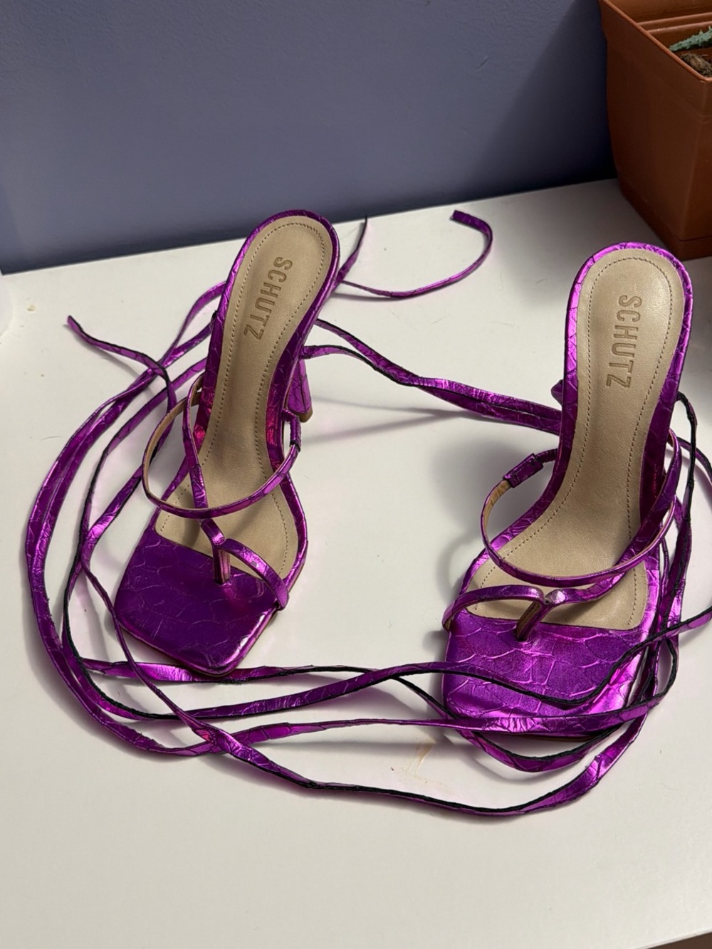 SCHUTZ Metallic Purple Wrap-Around Lace Heels